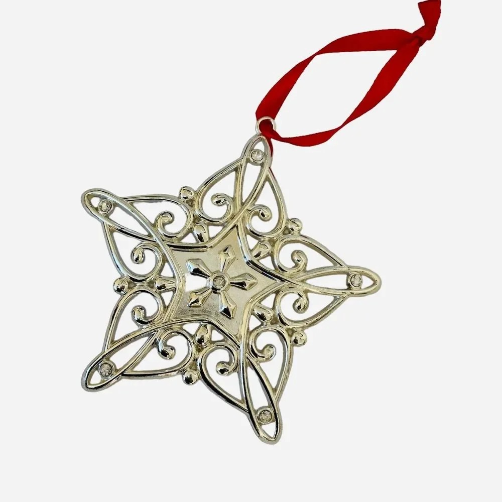 Lenox Silver Tone Scroll‎ Star Holiday Christmas Ornament Crystal Red Ribbon